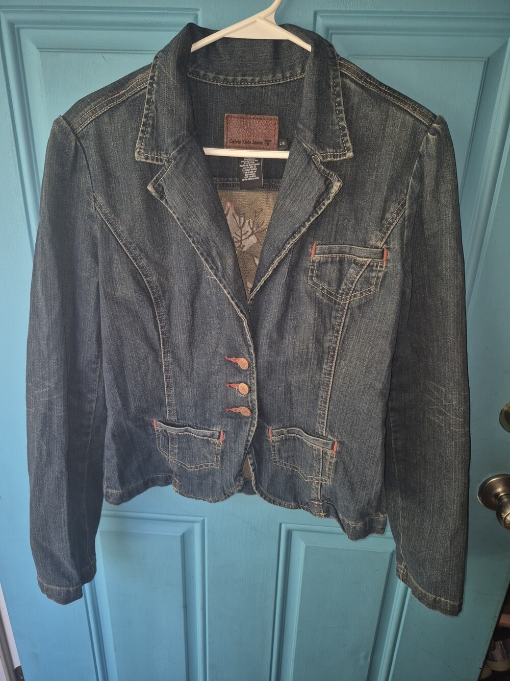 VTG Calvin Klein Jeans Denim Blazer L Contrast Stitch Floral Lining Y2K Jacket